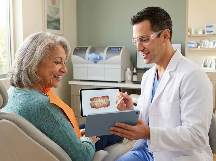 Professional photograph of a senior woman in a dental chair with a dentist showing a tablet, bright office with natural light and plants