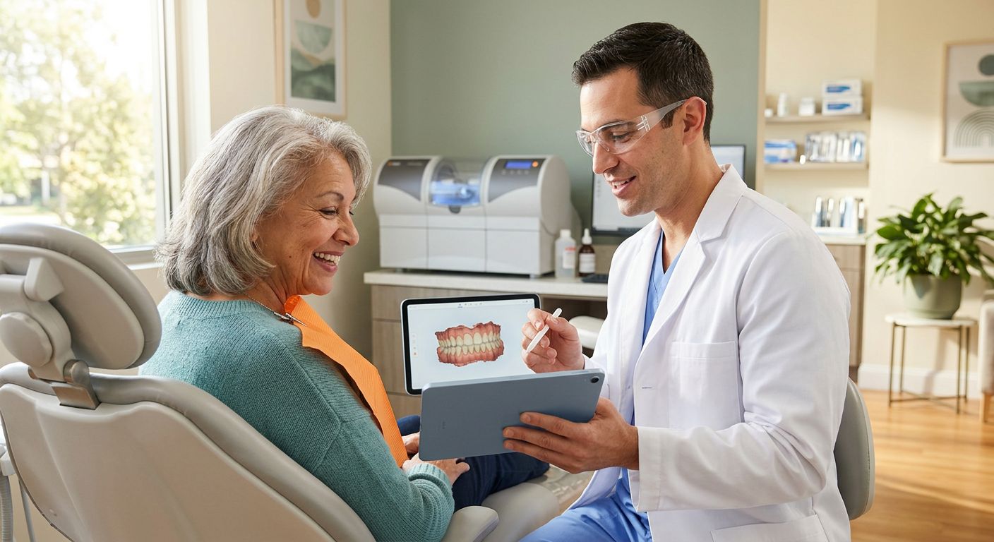 Professional photograph of a senior woman in a dental chair with a dentist showing a tablet, bright office with natural light and plants